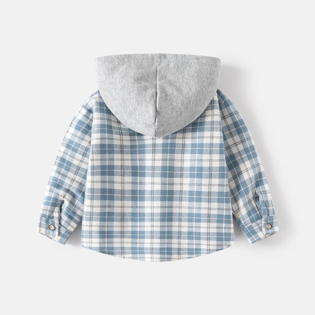 Korean-Style Boys' Hooded Plaid Shirt, Long-Sleeved Children's Clothing, 2026 New Arrival