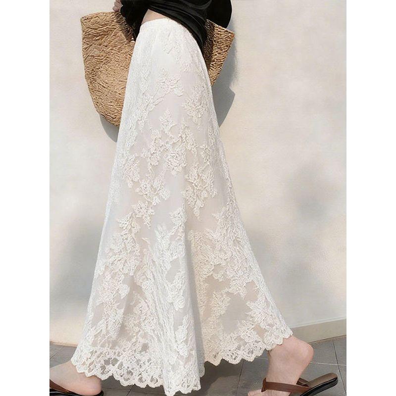 Spring Unique Design, Chic and Elegant White Lace Skirt with a Draping Effect, High-Waisted Slimming A-Line Long Skirt for Women
