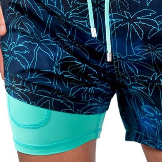 Wide Leg Double Layer Men Shorts All-matched Drawstring Elastic Waist Swim Trunks Beachwear