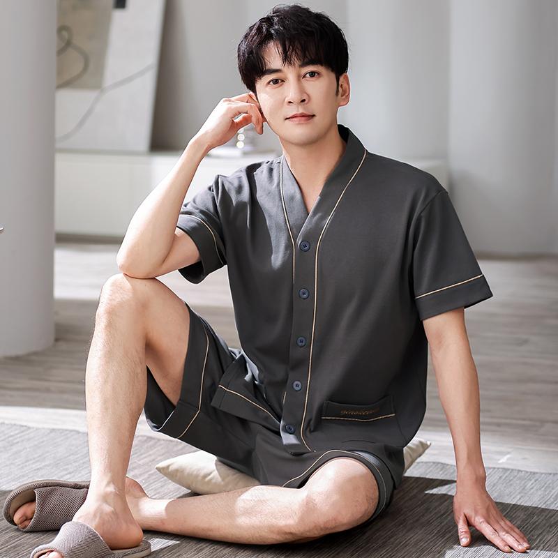Men Pajamas Sleepwear Summer Cotton Nightclothes Short Sleeved Shirt and Shorts Solid Color Casual Homewear V Neck Kimono