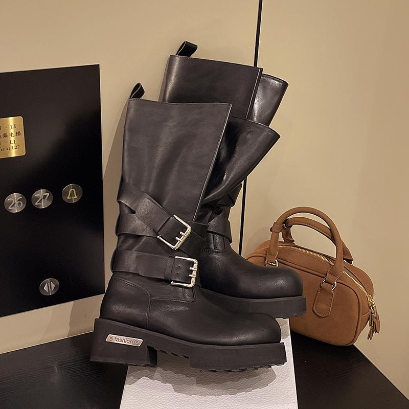 Fashion Brand New Buckle Strap Wasteland Vintage Black Knee High Motorcycle Boots Maillard stylecTrouser Leg Boots Women Shoes Size 42