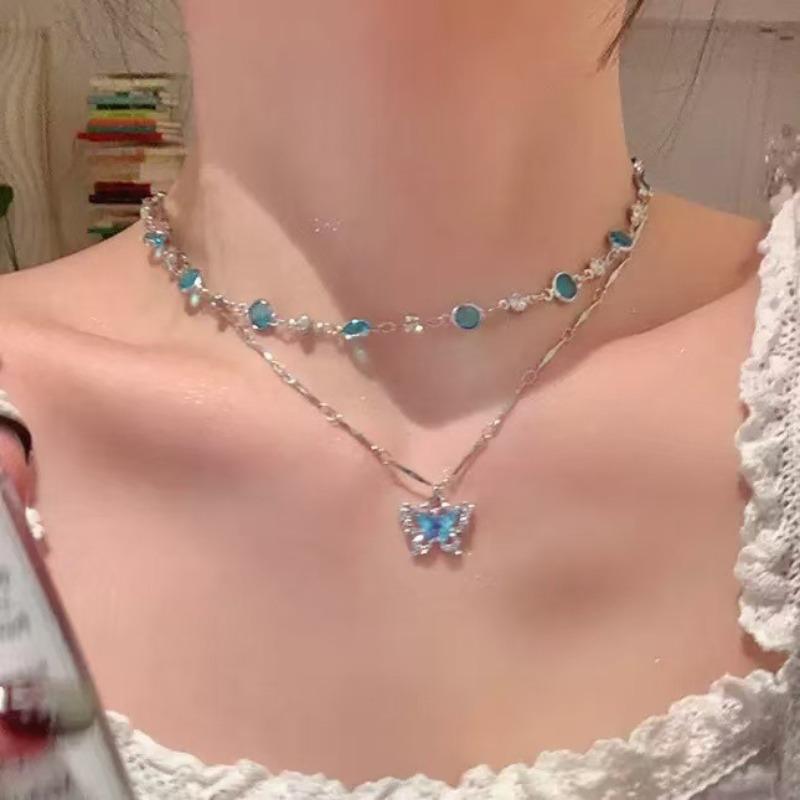 Green Butterfly Double-layer Stacked Necklace Women's Light Luxury Niche High-end Neck Chain Fashionable and Exquisite Versatile Collarbone Chain