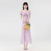 High-quality Korean version of the new French V-neck in summer, gentle and elegant lace-up, waist and thin long dress for women