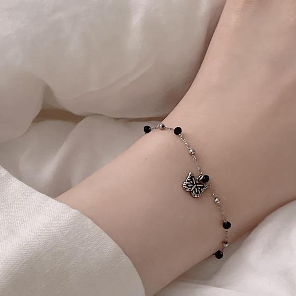 Women's Surgical Steel Bead Butterfly Pendant Bracelet