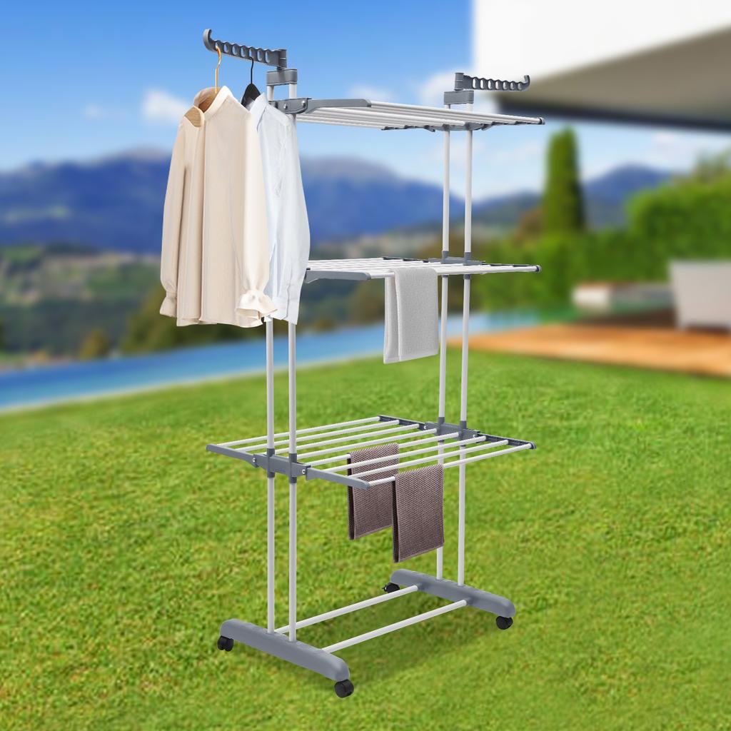 Gray Foldable Clothes Drying Rack, Stainless Steel Garment Dryer Stand, 4-Tier Laundry Rack with Side Wings, Sturdy Metal Frame