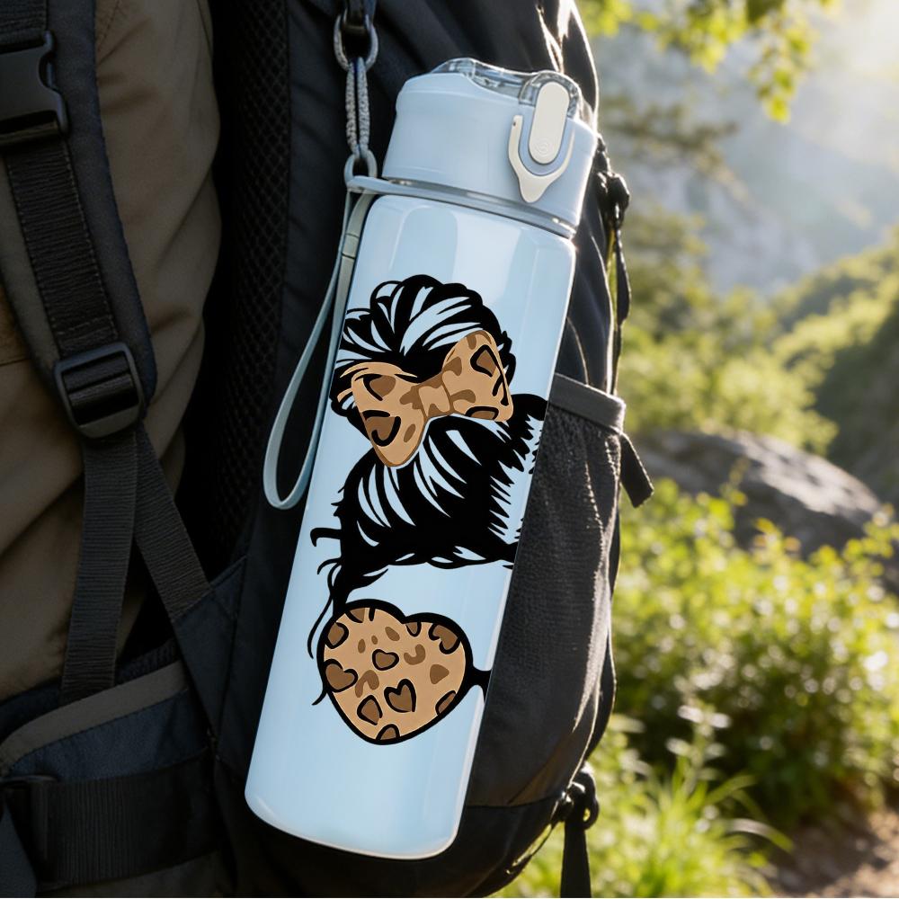 1PC Leopard Space Bun Sunglasses Graphic,750ml Color Plastic Sports Water Bottle,Leakproof Flip Straw Lid,Suitable for Sports Office Home Use