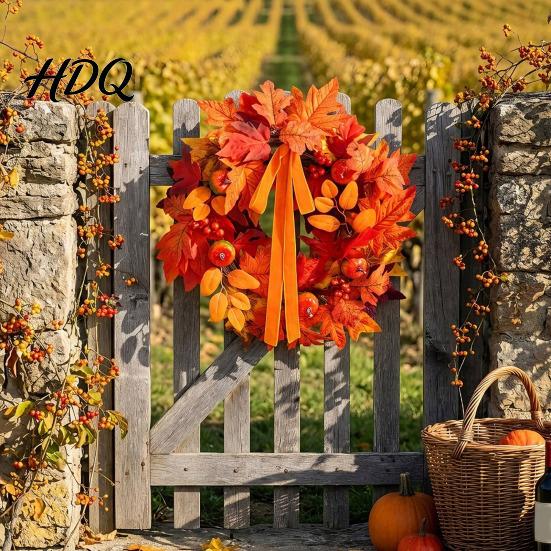 Thanksgiving Dekorationsgirlande für Eingang Herbst Ahornblatt Kürbis Kranz, Künstliche Beeren Ernte Türhänger Herbstlaub Veranda Thanksgiving,