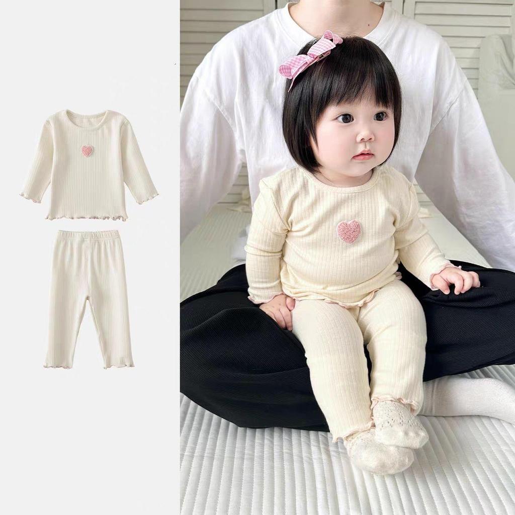 Embroidered Heart Long Johns Pajama Set for Baby Girls - Autumn Two-Piece Homewear