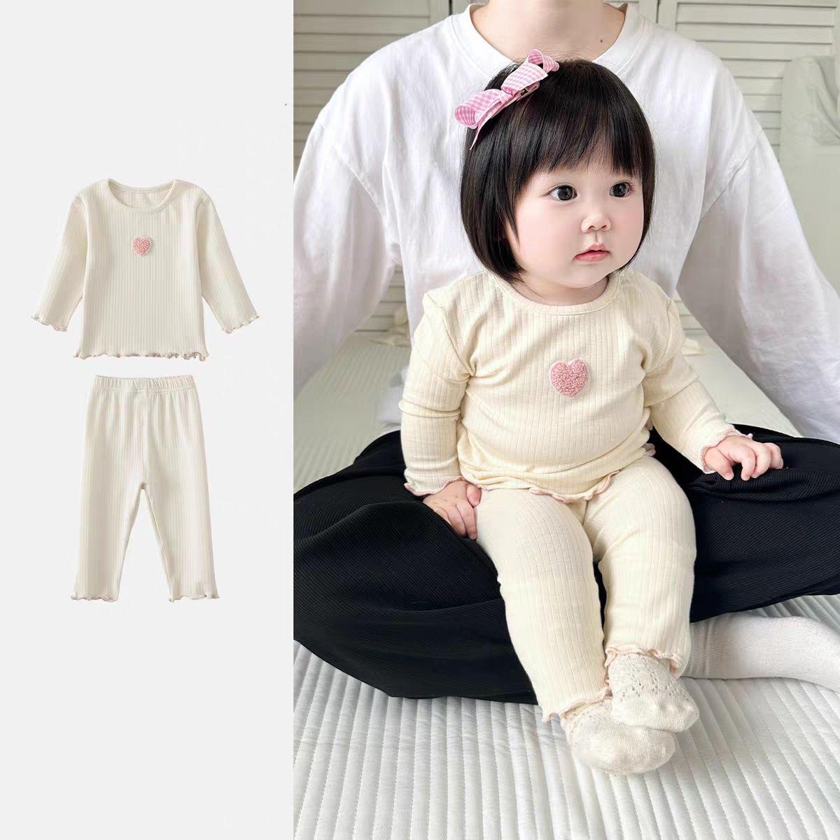 

Embroidered Heart Long Johns Pajama Set for Baby Girls - Autumn Two-Piece Homewear 110 cm