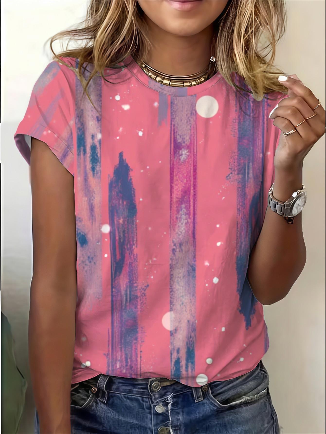 

Women s loose round neck T-shirt, abstract brushstroke print, soft and casual 5XL