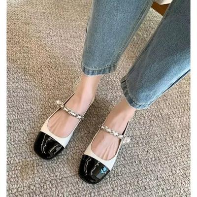 Modne Casualowe Damskie Buty Mieszane Kolory Perłowa Dekoracja Okrągły Nosek Lakierowana Skóra Baleriny Damskie Obuwie Nowe Retro Koraliki Sukienka