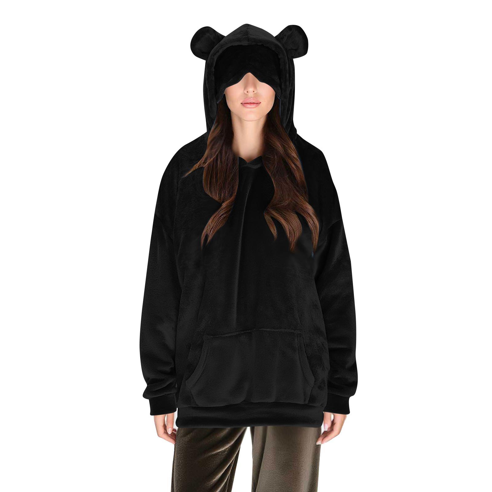 

Женская удобная пушистая толстовка с капюшоном и длинными рукавами с маской для глаз XL чёрный