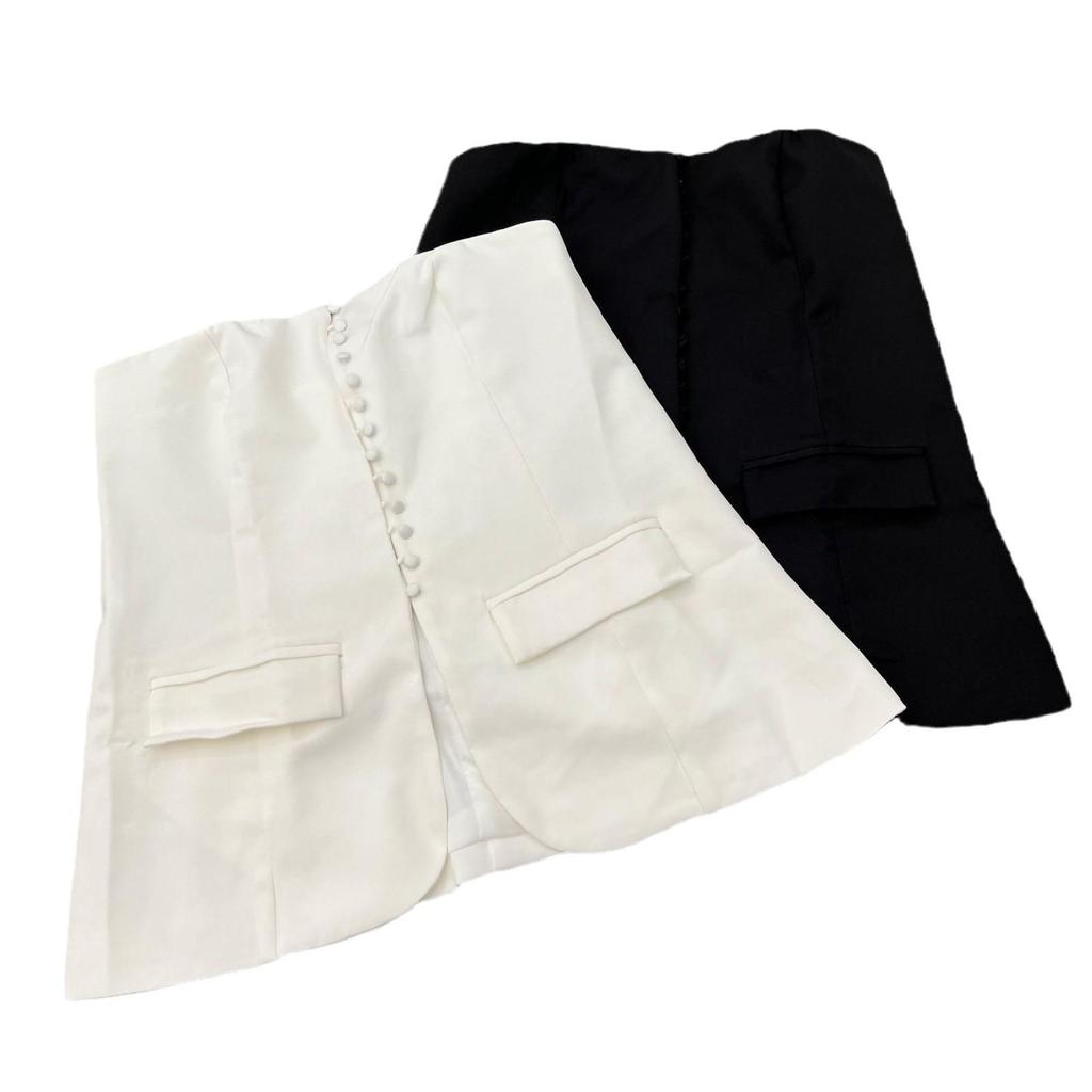 2024 Women's Slim Fit Waist-Cinching Strapless Vest Suit with Simple Row Buttons for Autumn/Winter