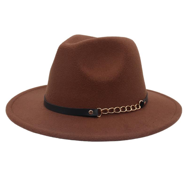New Shanghai Gentleman Felt Hat, Belt, Iron Chain,Foreign Trade Top Hat, Light-Bottomed Fedora, Large Brim Hat