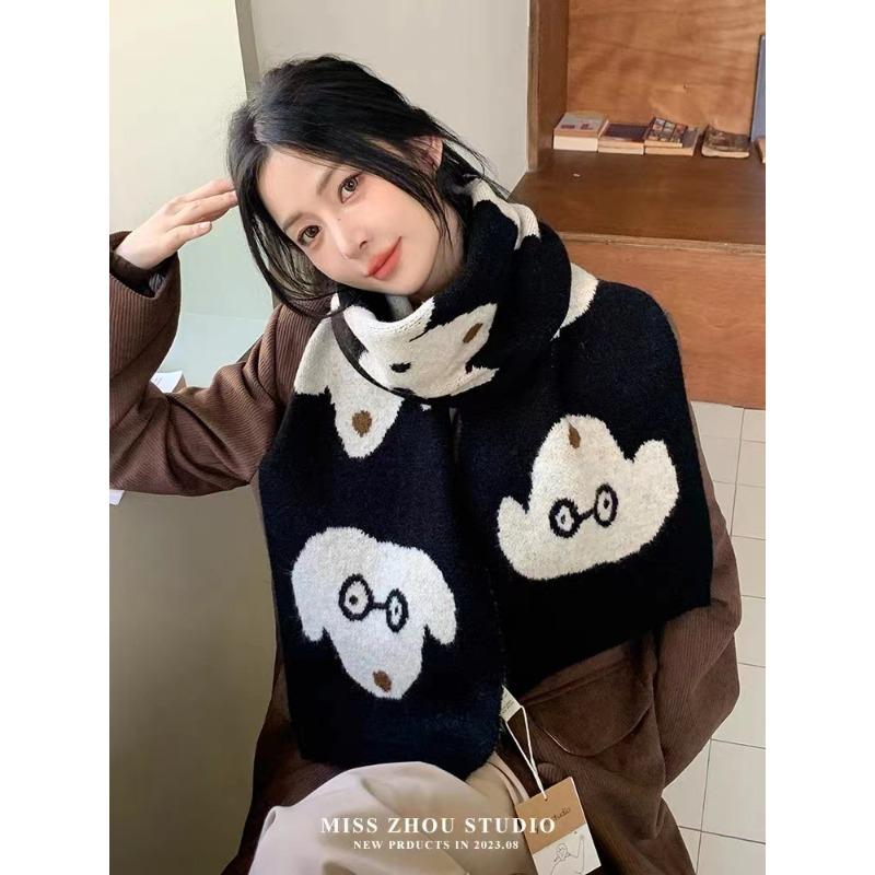 New Winter Scarf for Women with Dog Pattern  Cute College Style Wool  Korean Style Atmosphere  Couple Travel Scarf for Men