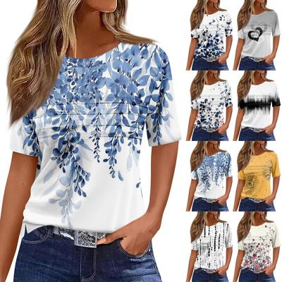 T Shirts For Women Pleated Round Neck Dressy Casual Blouses Printing Short Sleeve Summer Tops Loose Fit