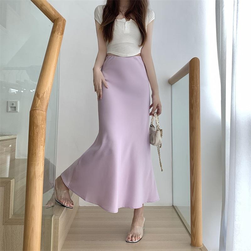 Women's Plain Satin Skirt High-Waist Solid Color Mid-Length Korean Style