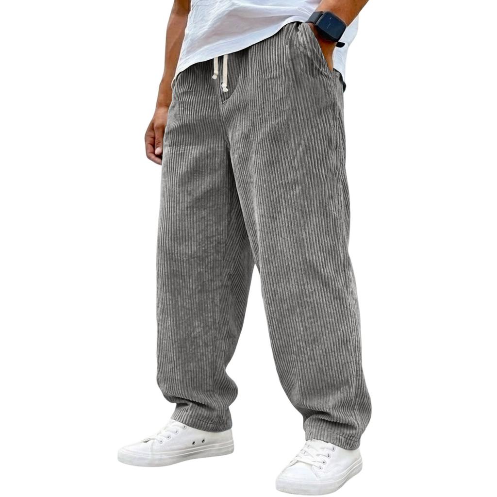 Męskie spodnie sztruksowe w stylu vintage | Elastyczny pas ze sznurkiem, luźny prosty krój do noszenia na co dzień