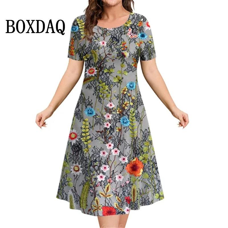 

Plant Flowers Print Women s Dresses Summer Short Sleeve Clothing Casual Female Dress Retro Ladies Loose Plus Size Dresses 6XL