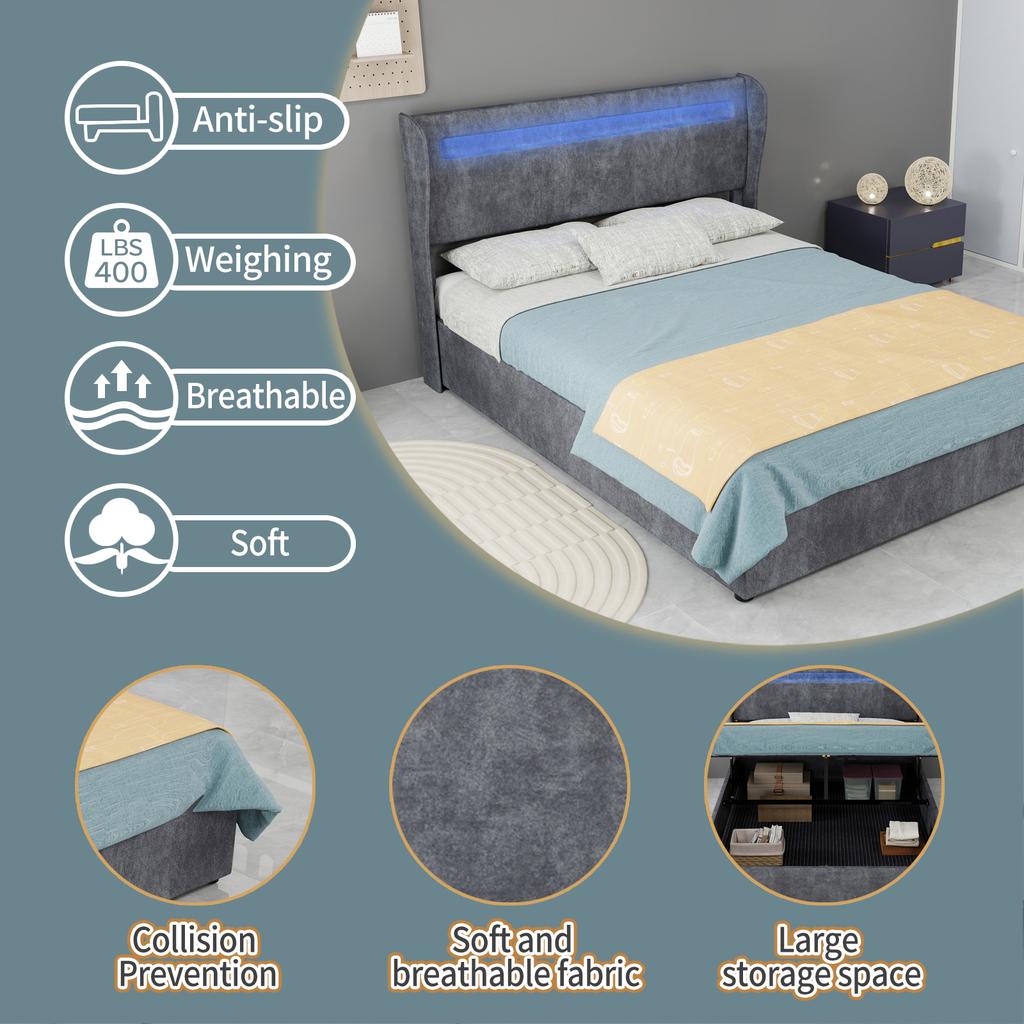 Modern Minimalist Upholstered Bed with LED-Integrated Headboard, 140*200 Cm, Grey, Storage Base with Gas Lift Mechanism,Included 140*200mattress