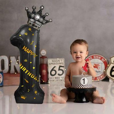 40-calowe duże balony w kształcie cyfry z czarną koroną i nadmuchiwaną słomką Baby Shower Materiały na wesele i urodziny
