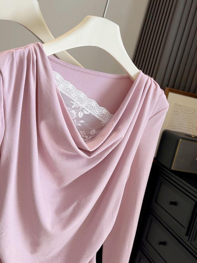 Spring Sweet Lace Patchwork One-Shoulder Slimming Long Sleeve T-Shirt Top