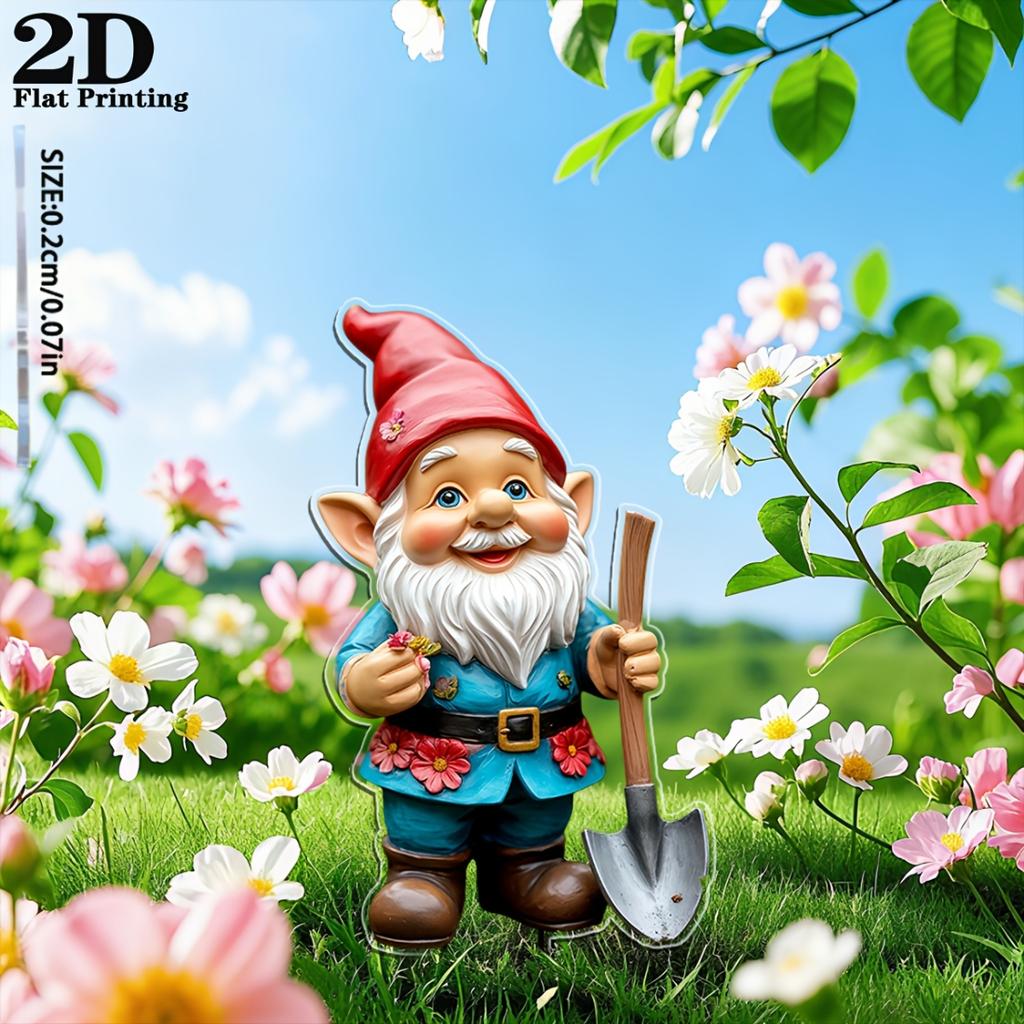 2D Flat Gnome Elder With Shovel Acrylic Garden Stake, Lightweight Indoor Outdoor Decor For Lawn Fence Flower Pots Courtyard And Garden Ornament