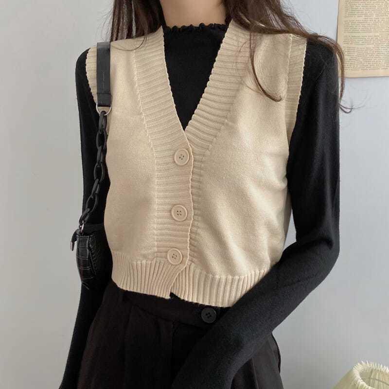 Korean-Style V-Neck Knit Vest for Women - Autumn/Winter Collection