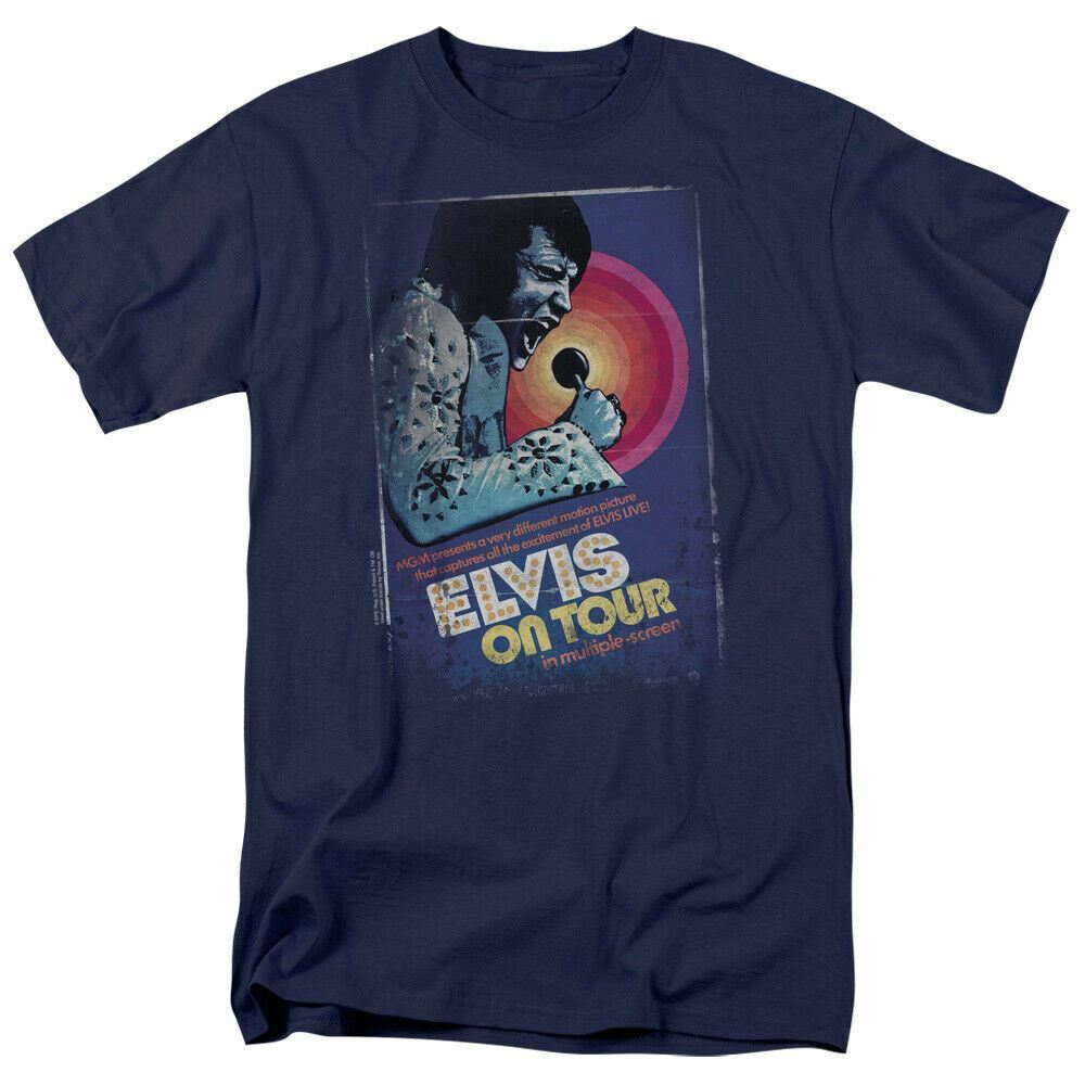 Elvis Presley On Tour Poster T-shirt Mens Licensed The King Tee Navy S