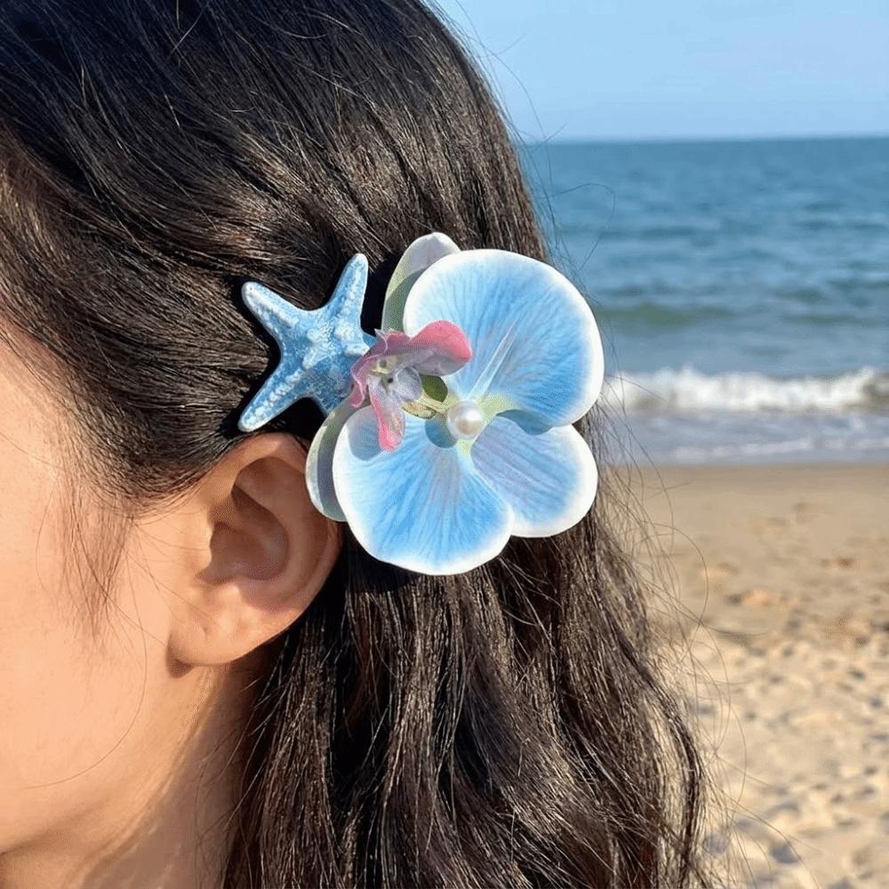 Trendy Orchid Flower Hairpin Vintage Resin Starfish Hair Clip Pearl Hair Clip Seaside Wear