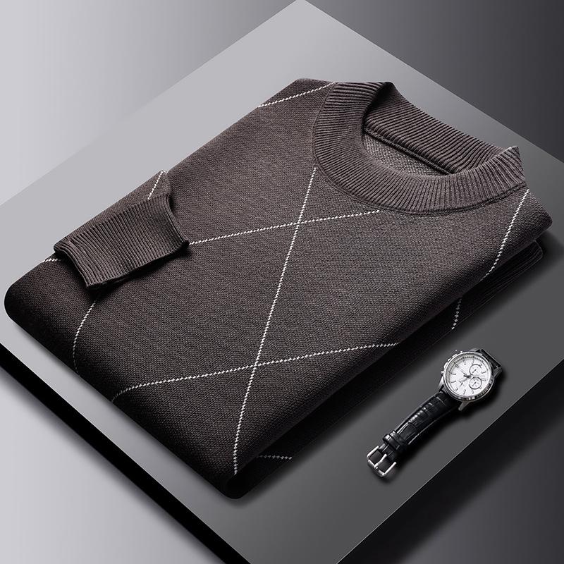 Men's 2025 Autumn/Winter Diamond Jacquard Knit Sweater - Round Neck, Long Sleeve