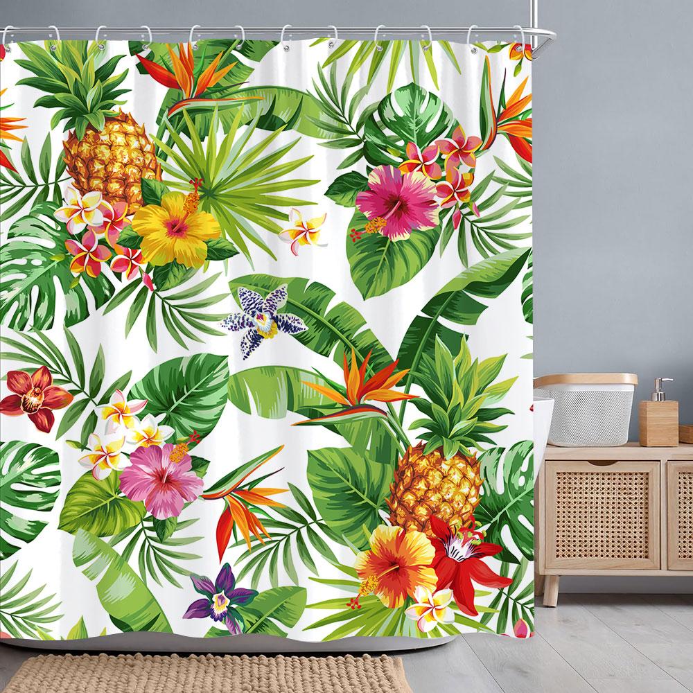 Tropical Botanical Flower Shower Curtain Beige Green Palm Leaf Flower Scandinavian Decor Bathroom Polyester Shower Curtains Set