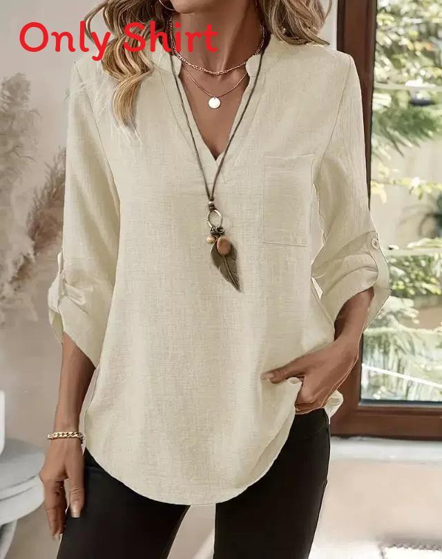 Womens Casual Cotton Linen Blouse With Pockets And Vneck For Summer 2025