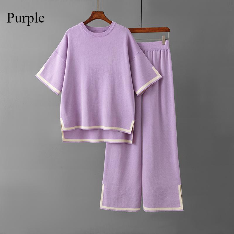 New Fashion Sweater Set Temperament Contrast Color Split Short-sleeved Knitwear + High Waist Slimming Wide-leg Trousers Long Pants Two-piece Set