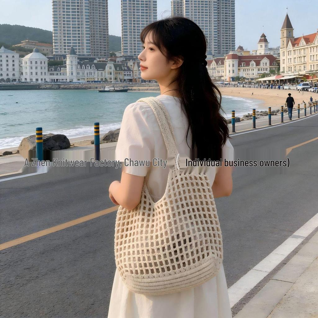 Korean Chic Crochet Mesh Shoulder Bag – Women’s Hand-Knitted Large Tote for Summer Beach