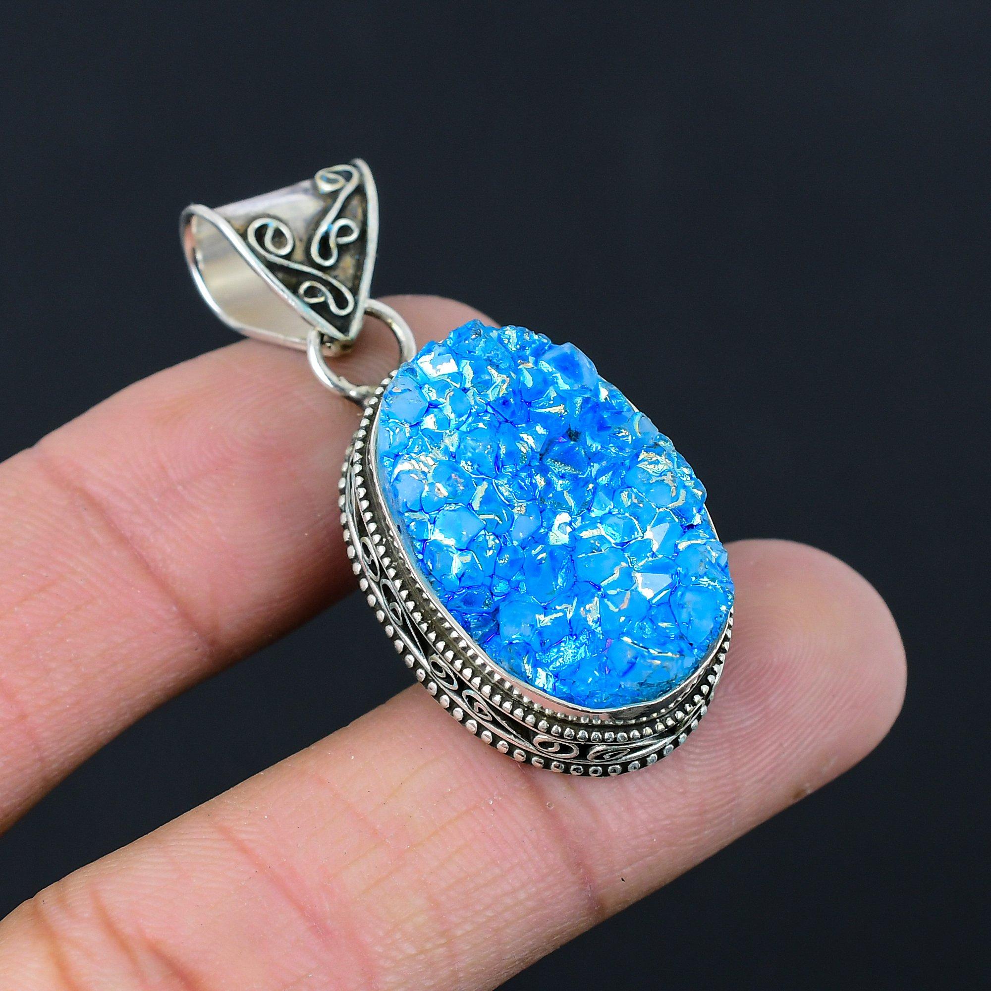 Daughters Day Deal Sterling Silver Blue Titanium Druzy Gemstone Pendant Jewelry