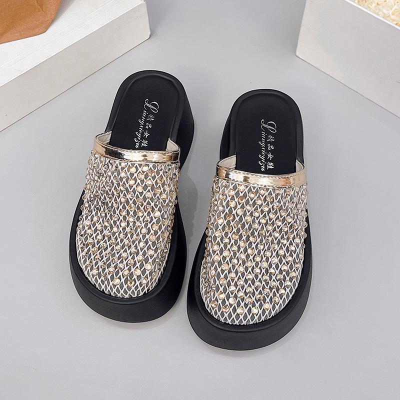 

Маленькие толстоподошвенные туфли-полубосоножки с баотоу и стразами, женские летние новые, из сетки, полые, дышащие, прохладные, женские 40 золотой