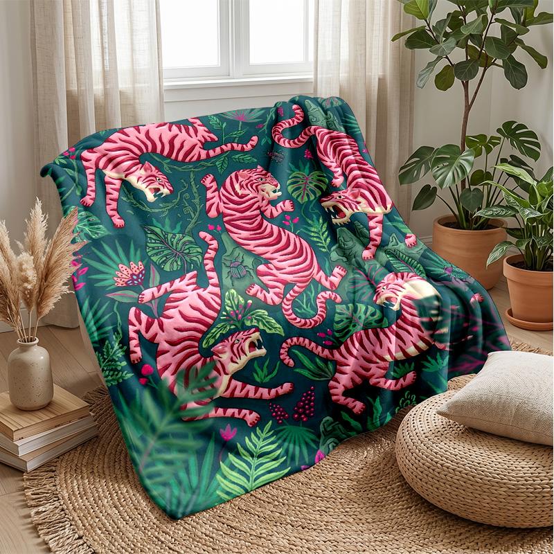 Pink Tigers in Jungle Theme blanket Lightweight Warm Flannel Blanket Decorative Throw Blanket for Home Decoration