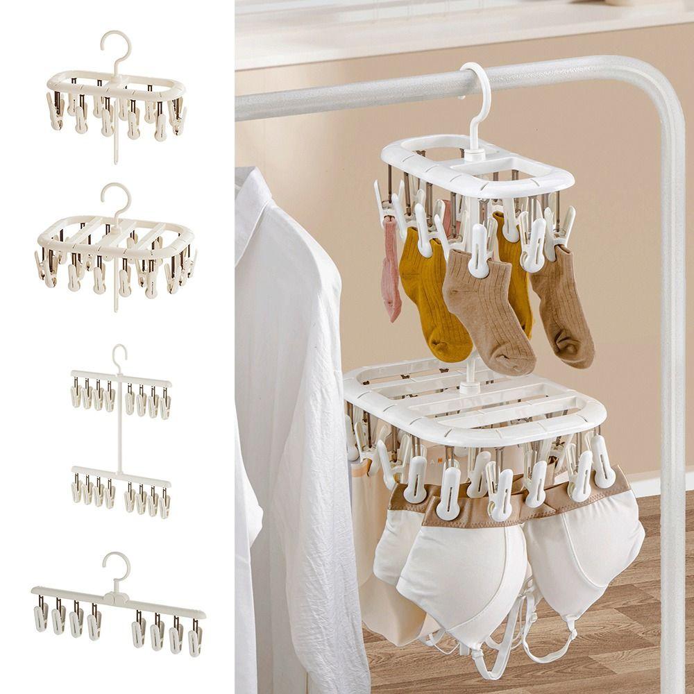 Multi-functional Sock Drying Rack Foldable Rotatable Clothes Hanger with Clips Windproof Space Saving Socks Hanger Clip