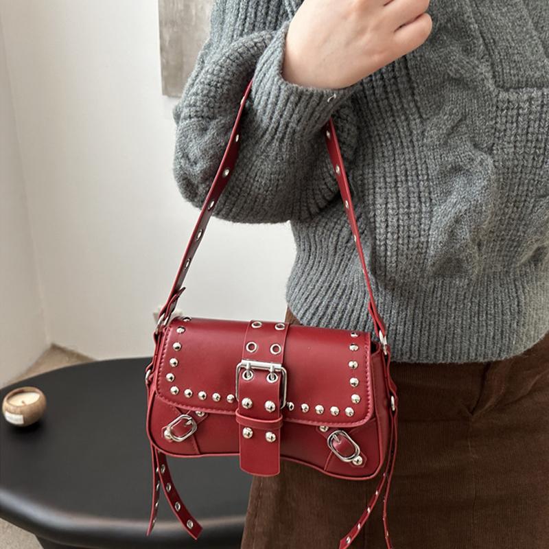 Trendy Motorcycle Punk Style Shoulder Bag for Women Solid Color Fashion Rivet Commuter Small Square Underarm Bag