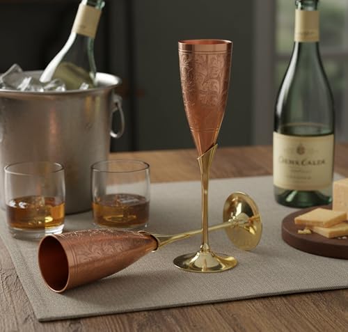 StonKraft Engraved Copper-Plated Brass Wine Goblet Champagne Flute Coupe Glasses, Set of 2 - Perfect for Moscow Mules (Slender Copper)