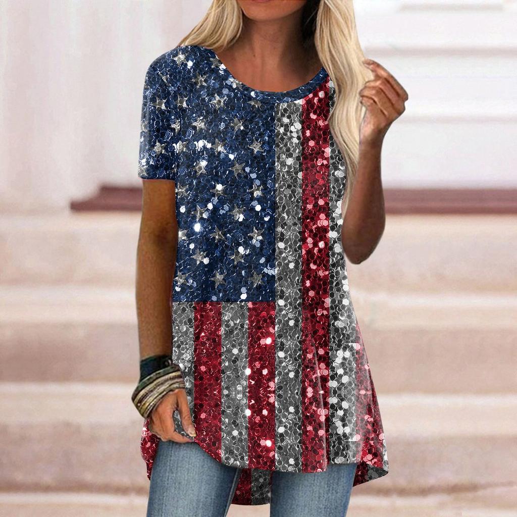 Women's Round Neck Short Sleeve Geometric Print Tunic Top Casual Asymmetrical Hem Blouse