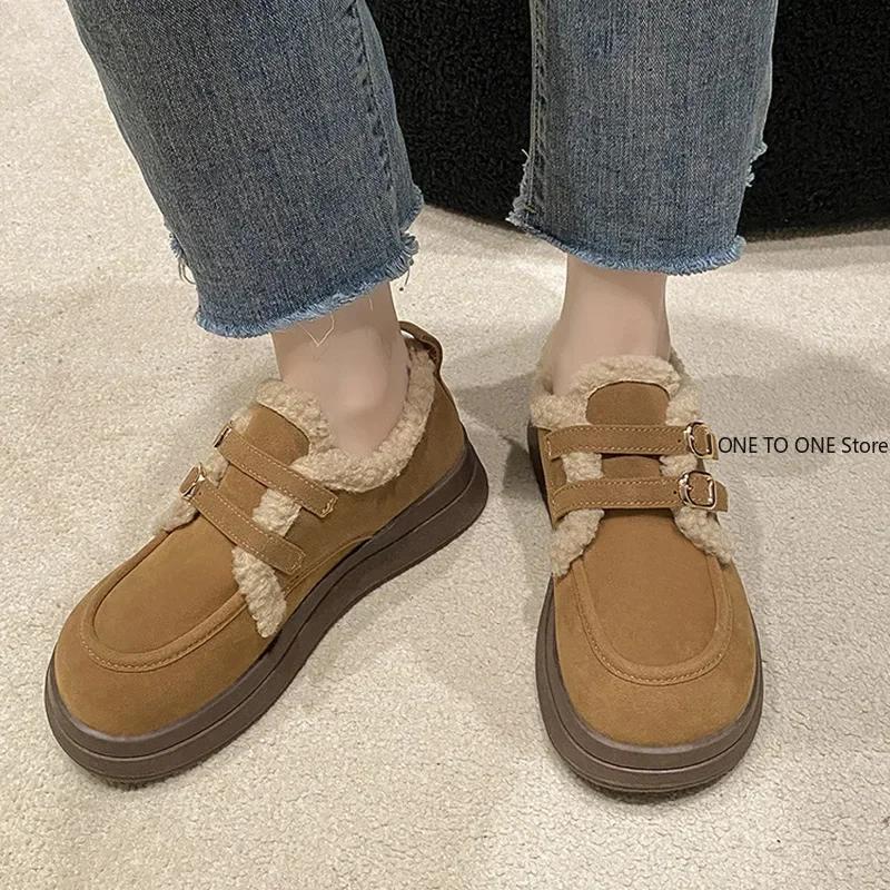 Fashion Women Clogs Platform Round Toe Loafers With Fur Casual Winter Retro New Slip-on Solid Rubber Buckle Female Sneakers Creepers Str