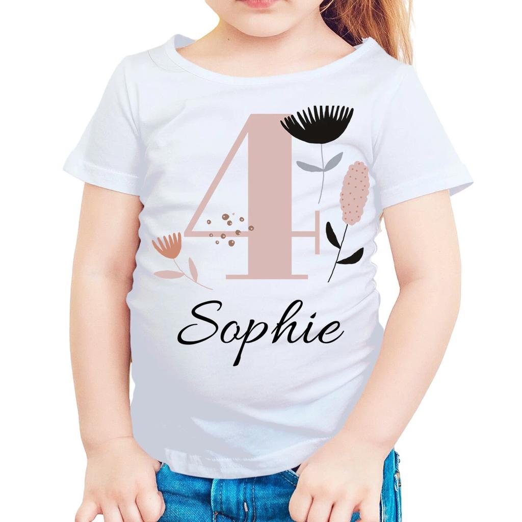Personalised Pink Number 4 T-Shirt For Girls Customisable With Name Tee #TA-195