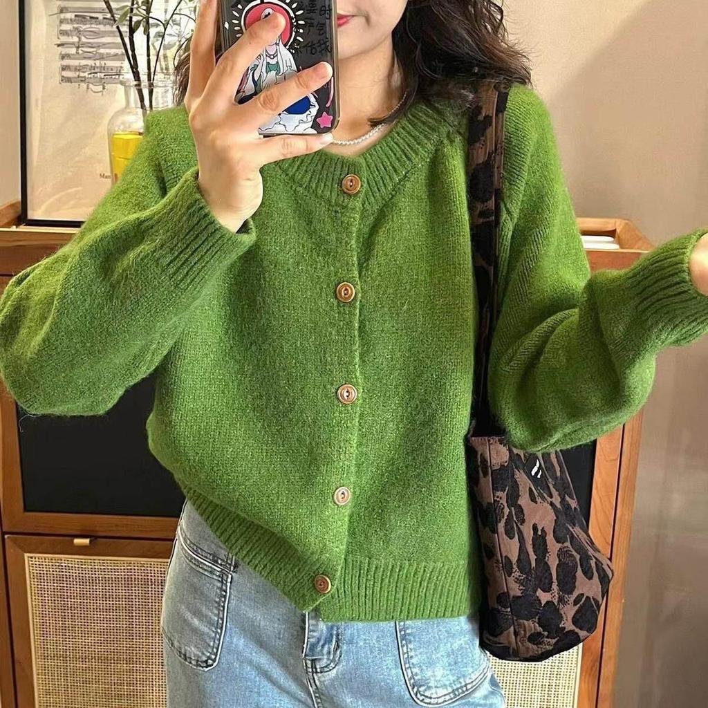 Women's Korean Style Round Neck Knit Cardigan Sweater - Loose Fit, Solid Color, Perfect for Autumn/Winter.