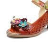 Johnature Women Sandals Genuine Leather Hand-painted Retro Hollow-out Flower High Heeled Sandals Shoes