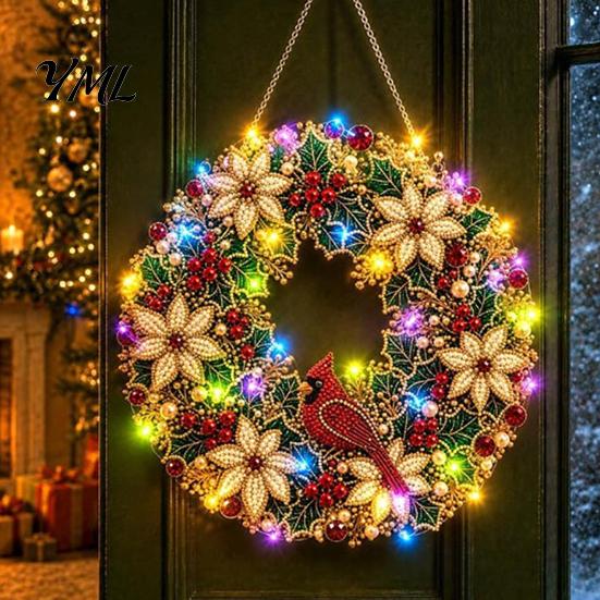 DIY Heimurlaubsdekoration Acryl Weihnachten Kunstperlen Aufhänge-Set, Beleuchteter Kranz 3D Perlen Bastelmalerei Set Kit mit LED-Lichterkette,