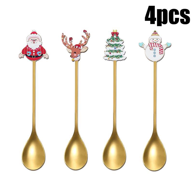 

4PCS Christmas Cutlery Coffee Stirring Spoon 304 Stainless Steel Gold Cutlery Santa Dessert Spoon Christmas Gift Kitchenware