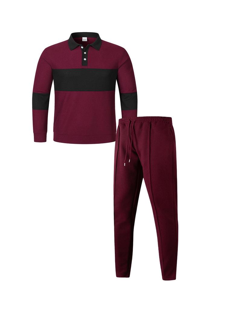 2025 Men's Autumn Waffle Sweatshirt & Pants Set - Casual Long Sleeve Lapel Design