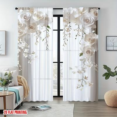 2 Pcs Elegant White Floral Sheer Curtains ,2D Flat Design Polyester Rod Pocket for Living Room Bedroom Office Holiday Home Decor